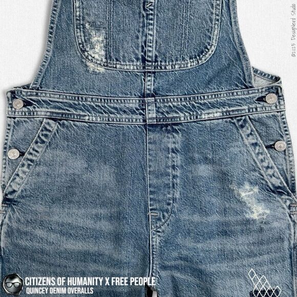 CITIZENS OF HUMANITY X FREE PEOPLE QUINCEY PATCHWORK EMBROIDERED DENIM OVERALLS - Picture 6 of 16